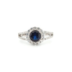 ARN188B | 925 Silver Rhodium CZ Set Round Cluster Sapphire Blue Centre