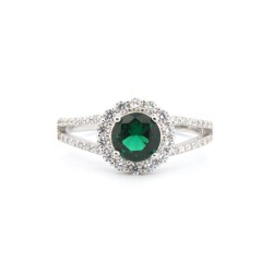 ARN188G | 925 Silver Rhodium CZ Set Round Cluster Emerald Green Centre