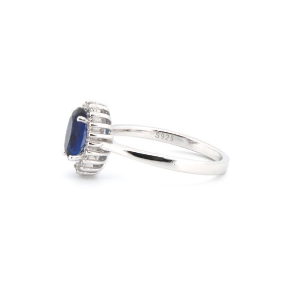 ARN189B | 925 Silver Rhodium CZ Set Oval Cluster Sapphire Blue Centre