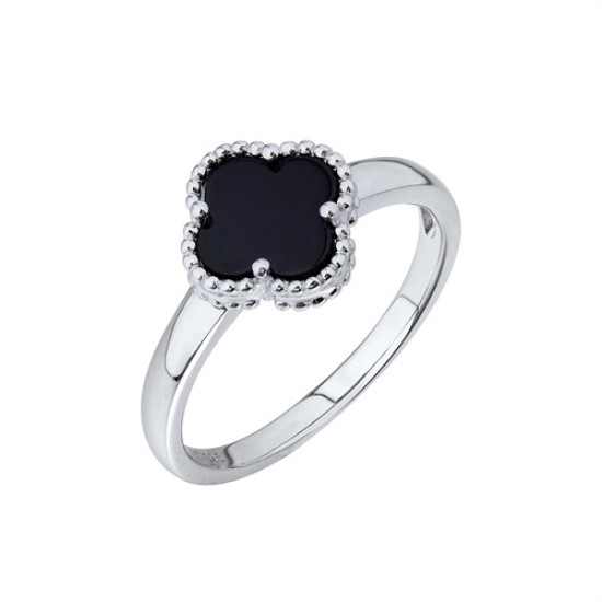 ARN190 | 925 Silver Rhodium Clover Ring Onyx