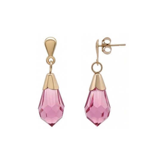 9ct Yellow Gold Pink Austrian Crystal Drop Stud Earrings