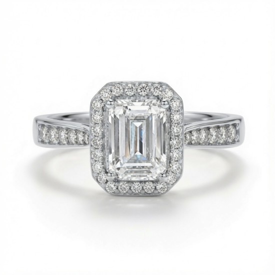 9ct White Gold, 1.00ct Emerald Cut Cubic Zirconia Wed-fit Halo Ring