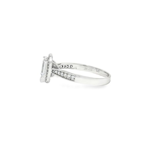 9ct White Gold, 1.00ct Emerald Cut Cubic Zirconia Wed-fit Halo Ring