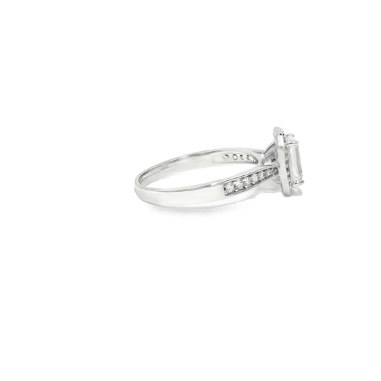 9ct White Gold, 1.00ct Emerald Cut Cubic Zirconia Wed-fit Halo Ring
