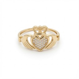 9ct Yellow Gold CZ Claddagh Heart Crown Ring