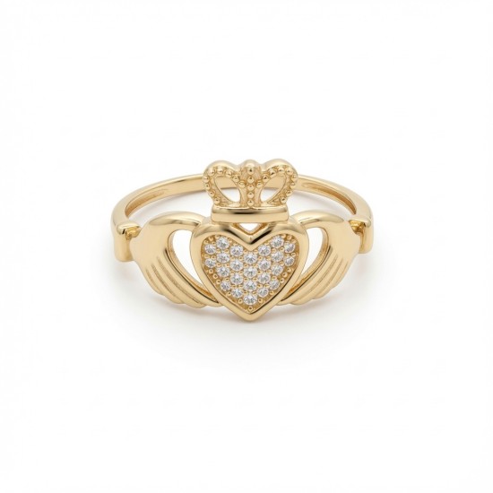 9ct Yellow Gold CZ Claddagh Heart Crown Ring