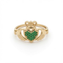 9ct Yellow Gold Green CZ Claddagh Heart Crown Ring