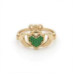 9ct Yellow Gold Green CZ Claddagh Heart Crown Ring