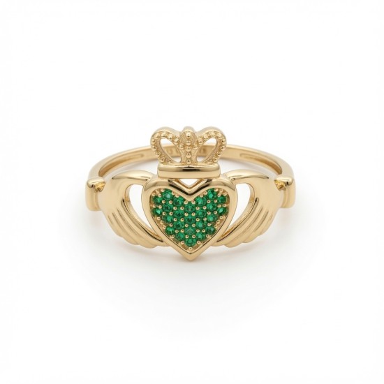9ct Yellow Gold Green CZ Claddagh Heart Crown Ring