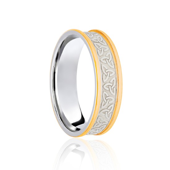 JWR142-18-6 | 18ct White & Yellow Flat Court 6mm Celtic Laser Engraved Wedding Band