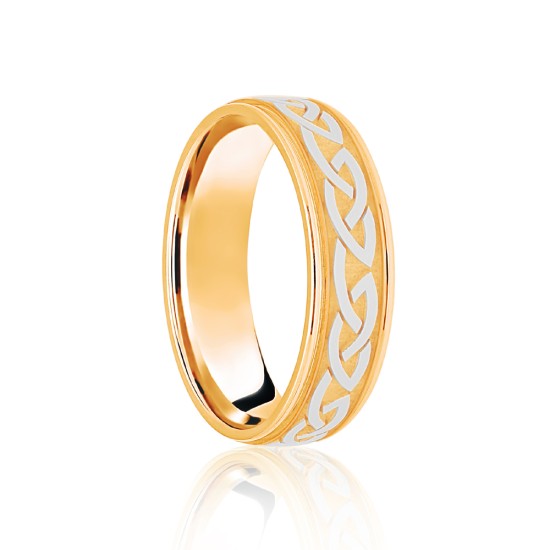 JWR163-18-8 | 18ct Yellow & White Flat Court 8mm Celtic Laser Engraved Wedding Band