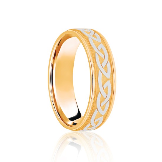 JWR163-9-5 | 9ct Yellow & White Flat Court 5mm Celtic Laser Engraved Wedding Band