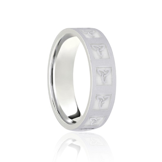 JWR165-18-8 | 18ct White Flat Court 8mm Celtic Laser Engraved Wedding Band