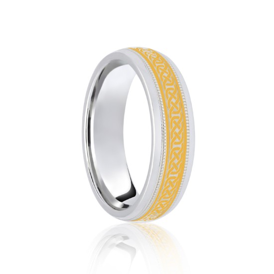 JWR187-9-6 | 9ct White & Yellow Court 6mm Celtic Laser Engraved Wedding Band