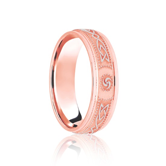 JWR199-9-8 | 9ct Rose & White Flat Court 8mm Celtic Laser Engraved Wedding Band