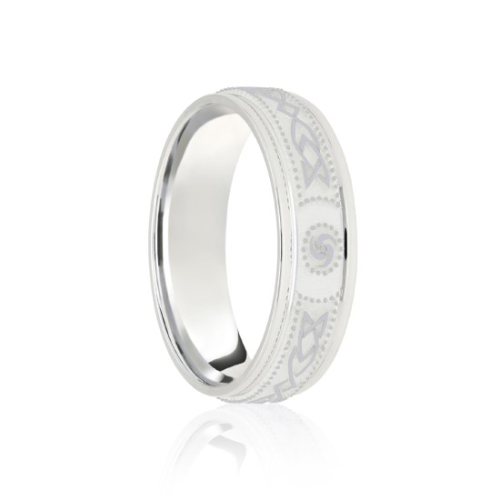 JWR200-18-5 | 18ct White Flat Court 5mm Celtic Laser Engraved Wedding Band