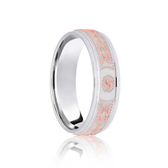 JWR201-18-8 | 18ct White & Rose Flat Court 8mm Celtic Laser Engraved Wedding Band