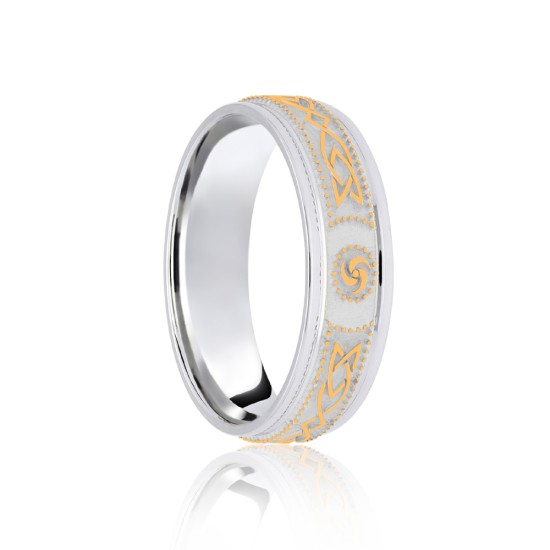 JWR202-18-5 | 18ct White & Yellow Flat Court 5mm Celtic Laser Engraved Wedding Band