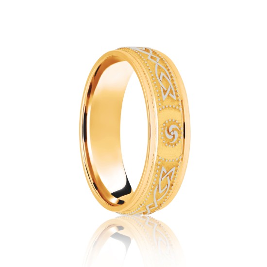 JWR203-18-8 | 18ct Yellow & White Flat Court 8mm Celtic Laser Engraved Wedding Band