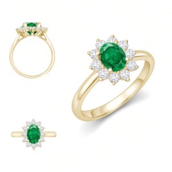 9ct Yellow Gold 0.35ct Lab Grown Diamond & 0.75ct 7x5mm Emerald Claw Set Cluster Halo Oval Ring