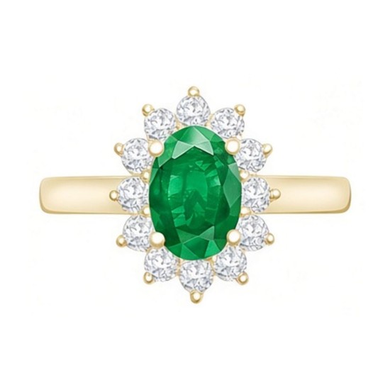 9ct Yellow Gold 0.35ct Lab Grown Diamond & 0.75ct 7x5mm Emerald Claw Set Cluster Halo Oval Ring