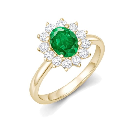 9ct Yellow Gold 0.62ct Lab Grown Diamond & 1.25ct 8x6mm Emerald Claw Set Cluster Halo Oval Ring