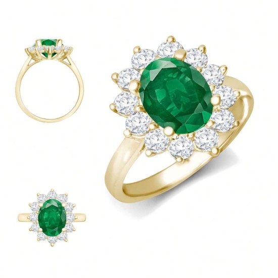 9ct Yellow Gold 0.96ct Lab Grown Diamond & 2.00ct 9x7mm Emerald Claw Set Cluster Halo Oval Ring