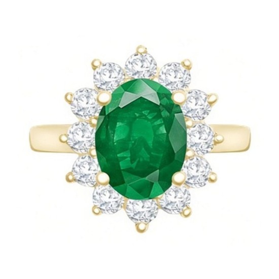 9ct Yellow Gold 0.96ct Lab Grown Diamond & 2.00ct 9x7mm Emerald Claw Set Cluster Halo Oval Ring
