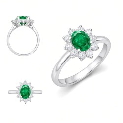 9ct White Gold 0.35ct Lab Grown Diamond & 0.75ct 7x5mm Emerald Claw Set Cluster Halo Oval Ring
