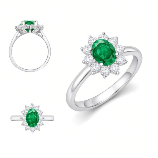 9ct White Gold 0.35ct Lab Grown Diamond & 0.75ct 7x5mm Emerald Claw Set Cluster Halo Oval Ring