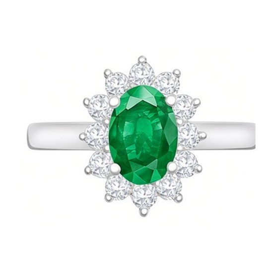 9ct White Gold 0.35ct Lab Grown Diamond & 0.75ct 7x5mm Emerald Claw Set Cluster Halo Oval Ring