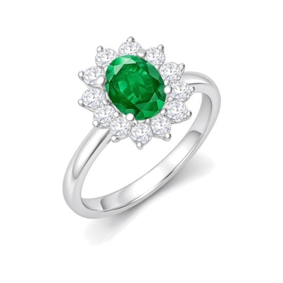 9ct White Gold 0.62ct Lab Grown Diamond & 1.25ct 8x6mm Emerald Claw Set Cluster Halo Oval Ring
