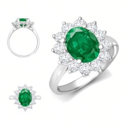 9ct White Gold 0.96ct Lab Grown Diamond & 2.00ct 9x7mm Emerald Claw Set Cluster Halo Oval Ring