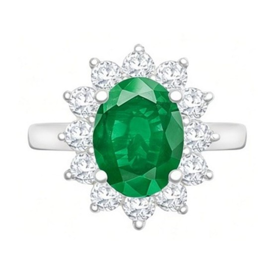 9ct White Gold 0.96ct Lab Grown Diamond & 2.00ct 9x7mm Emerald Claw Set Cluster Halo Oval Ring
