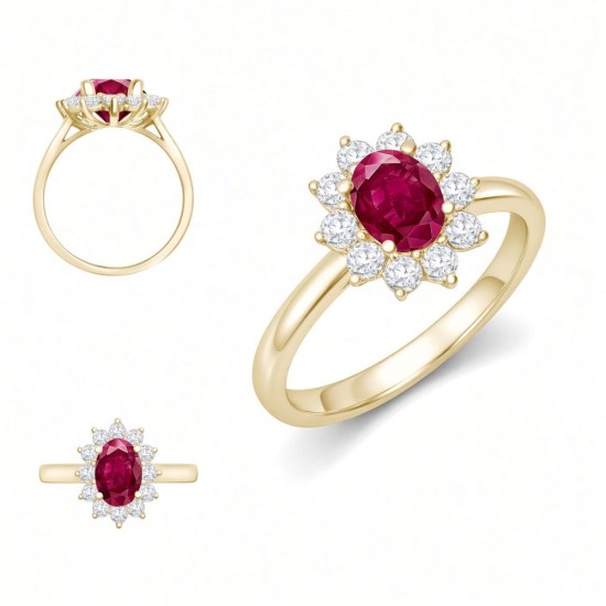 9ct Yellow Gold 0.35ct Lab Grown Diamond & 0.75ct 7x5mm Ruby Claw Set Cluster Halo Oval Ring