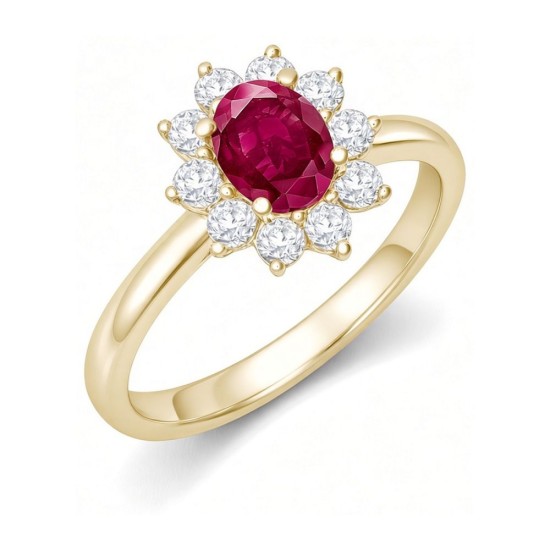 9ct Yellow Gold 0.35ct Lab Grown Diamond & 0.75ct 7x5mm Ruby Claw Set Cluster Halo Oval Ring