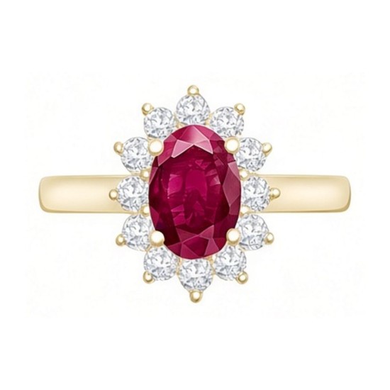 9ct Yellow Gold 0.35ct Lab Grown Diamond & 0.75ct 7x5mm Ruby Claw Set Cluster Halo Oval Ring