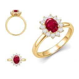 9ct Yellow Gold 0.62ct Lab Diamond & 1.25ct 8x6mm Ruby Claw Set Cluster Halo Oval Ring