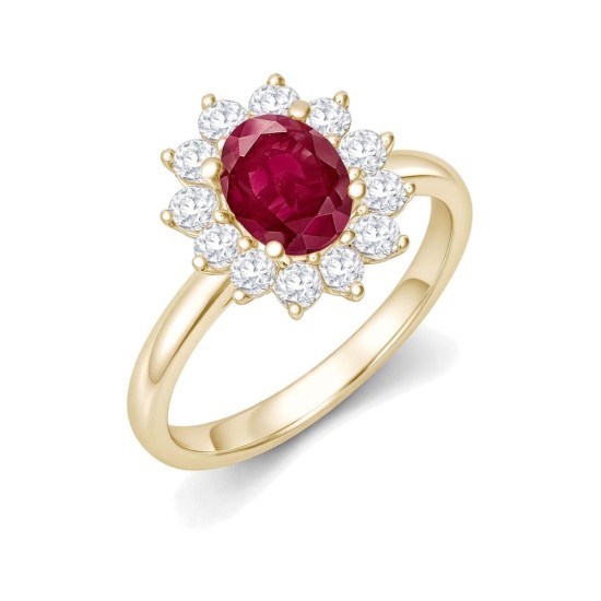 9ct Yellow Gold 0.62ct Lab Grown Diamond & 1.25ct 8x6mm Ruby Claw Set Cluster Halo Oval Ring