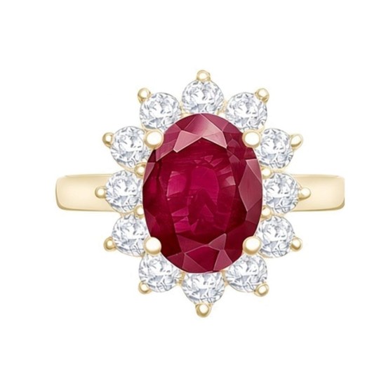 9ct Yellow Gold 0.62ct Lab Grown Diamond & 1.25ct 8x6mm Ruby Claw Set Cluster Halo Oval Ring