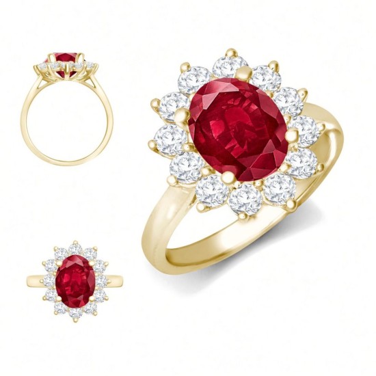 9ct Yellow Gold 0.96ct Lab Grown Diamond & 2.00ct 9x7mm Ruby Claw Set Cluster Halo Oval Ring