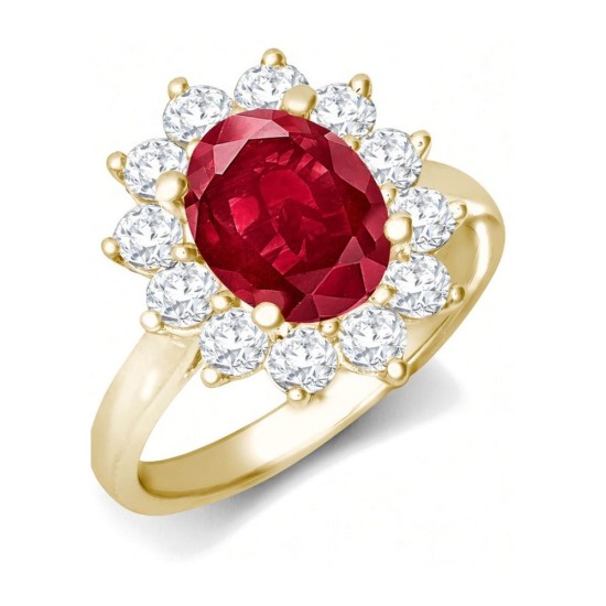 9ct Yellow Gold 0.96ct Lab Grown Diamond & 2.00ct 9x7mm Ruby Claw Set Cluster Halo Oval Ring