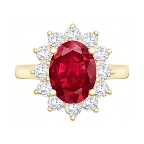 9ct Yellow Gold 0.96ct Lab Grown Diamond & 2.00ct 9x7mm Ruby Claw Set Cluster Halo Oval Ring