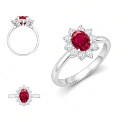 9ct White Gold 0.35ct Lab Grown Diamond & 0.75ct 7x5mm Ruby Claw Set Cluster Halo Oval Ring