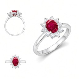 9ct White Gold 0.35ct Lab Grown Diamond & 0.75ct 7x5mm Ruby Claw Set Cluster Halo Oval Ring