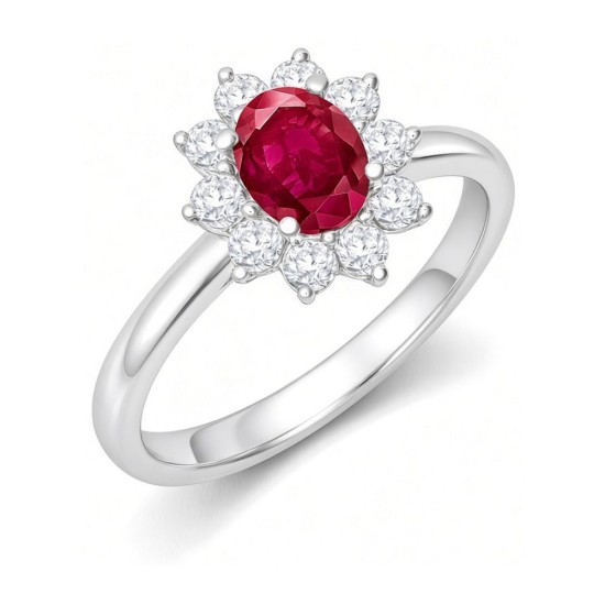 9ct White Gold 0.35ct Lab Grown Diamond & 0.75ct 7x5mm Ruby Claw Set Cluster Halo Oval Ring