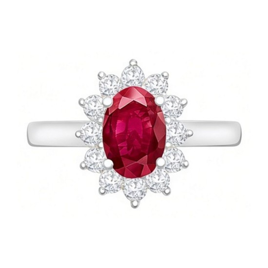 9ct White Gold 0.35ct Lab Grown Diamond & 0.75ct 7x5mm Ruby Claw Set Cluster Halo Oval Ring