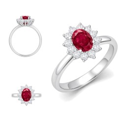 9ct White Gold 0.62ct Lab Grown Diamond & 1.25ct 8x6mm Ruby Claw Set Cluster Halo Oval Ring