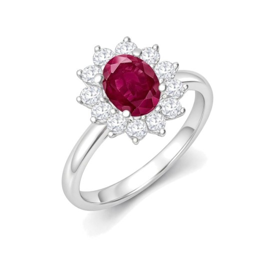 9ct White Gold 0.62ct Lab Grown Diamond & 1.25ct 8x6mm Ruby Claw Set Cluster Halo Oval Ring