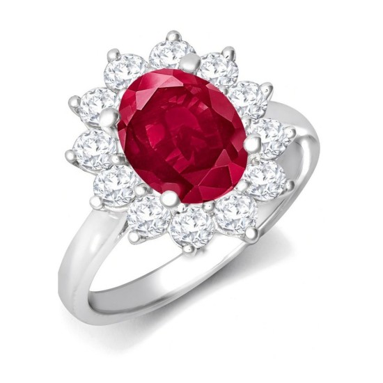 9ct White Gold 0.96ct Lab Grown Diamond & 2.00ct 9x7mm Ruby Claw Set Cluster Halo Oval Ring
